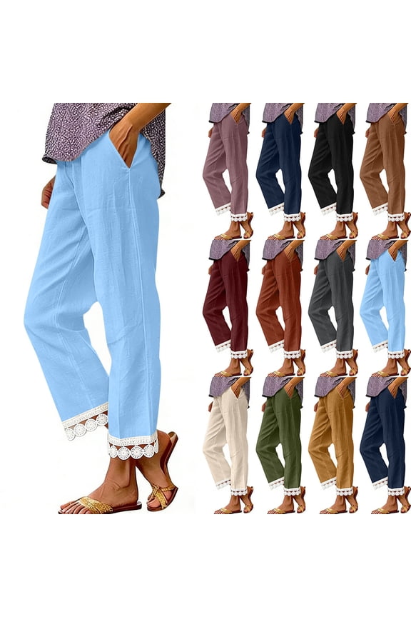 Fashion Plus Size Casual Pants for Womens Summer Cotton and Linen Solid Color Ruffle Elastic Waist High Waist Long Pants