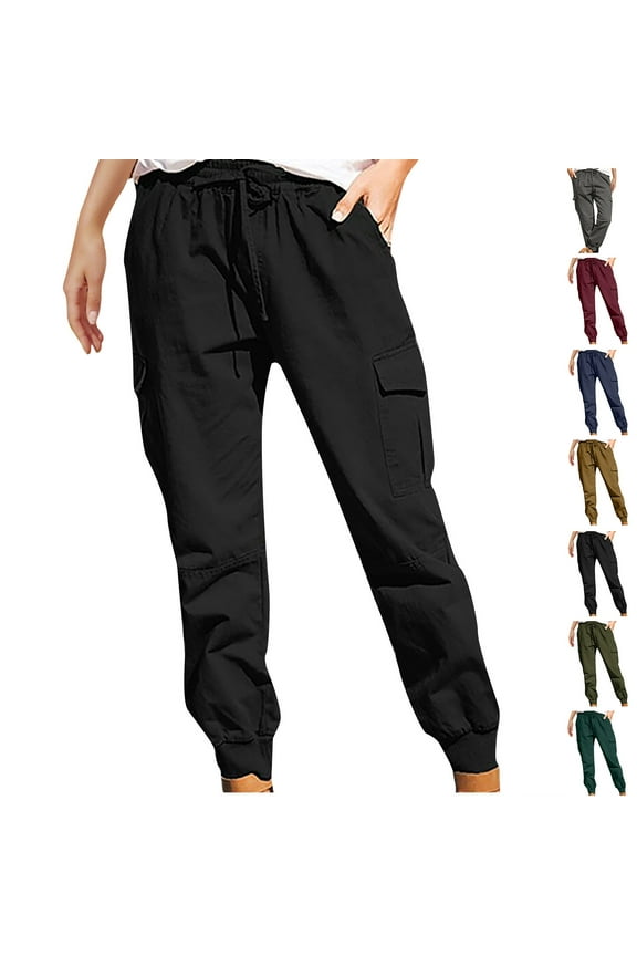 Fashion Plus Size Casual Cargo Pants for Womens Drawstring Casual Solid Color Elastic Waist Pocket Loose Pants Lounge Pants Running Joggers