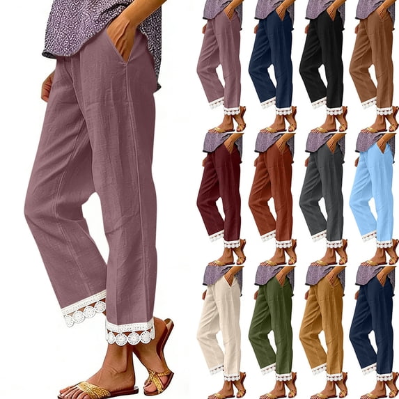 Fashion Plus Size Casual Pants for Womens Summer Cotton and Linen Solid Color Ruffle Elastic Waist High Waist Long Pants