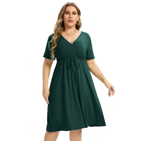 Plus Size Dress For Women, Spring Casual Midi Dress With Pocket And Sleeve