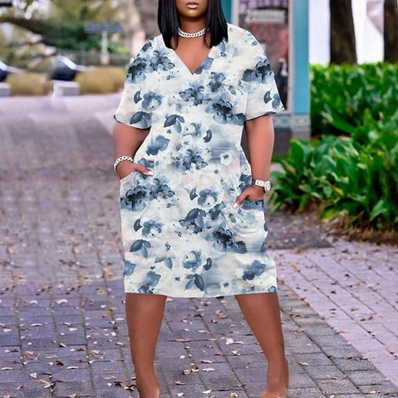 Plus Size Dress For Women V Neck Summer Casual Sundresses Pocket Knee Short Sleeve With Pockets