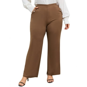 Plus Size Dress Pants for Women Stretch Pull On Flare Pants Pockets Dressy Business Casual Work Pants Khaki 4XL