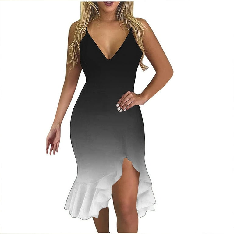 Plus Size Dress Spaghetti Strap Dress Women Sexy V-Neck Sleeveless Ruffle  Low-cut Printed Slit Sling Dresses Clearance 
