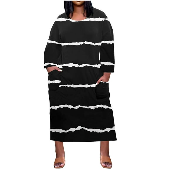 ZQUUVOU Plus Size Dress Women's Long Sleeve Pocketed Loose Long Lounge Maxi Dress Knee Long Sleeve With Pockets B-Black