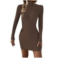 thumbnail image 1 of Plus Size Dress Women's Turtleneck Ribbed Knit Dress Long Sleeve Slim Fitting Sweater Dress Bodycon Mini Dresses Long Sleeve Dress S-118 Coffee S, 1 of 9