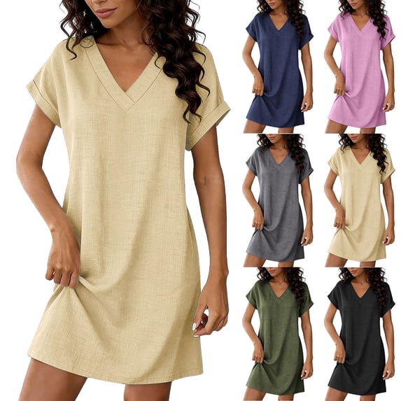 Plus Size Dress Women's V Neck Casual Dress Short Sleeve Loose Plain T Shirt Dress Summer Beach Mini Dress Yellow Xxl