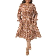 Plus Size Dress for Women 2025 Fall Boho Floral Notch V Neck Long Sleeve A Line Flowy Dress with Pockets 4X Rust Red