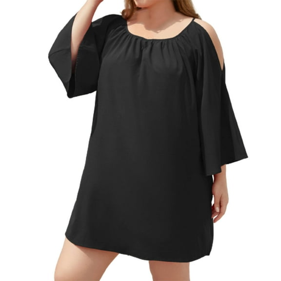 Plus Size Dress for Women Cold Shoulder Long Sleeve Solid Color Tunic Tops T Shirts Dress Casual Loose Summer Mini Dress
