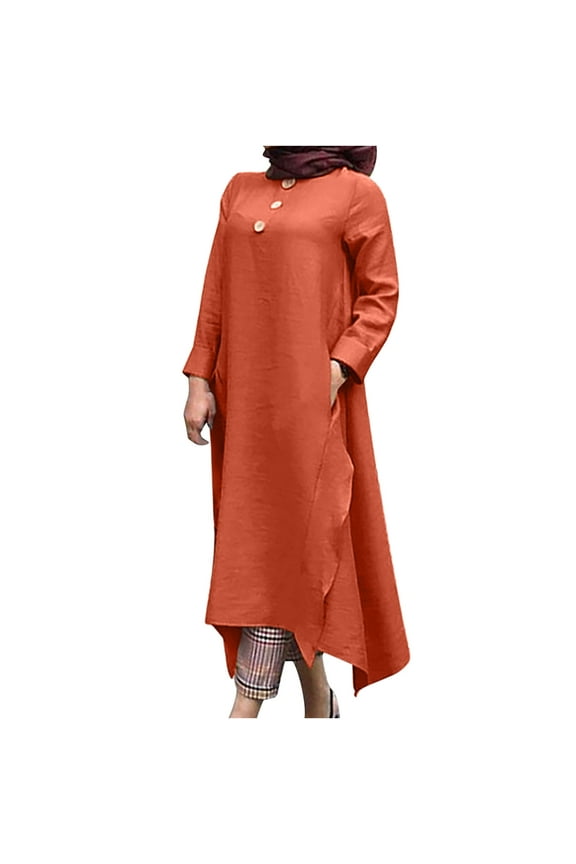 Plus Size Dress for Women Crewneck Long Sleeve Casual Dresses Solid Baggy Summer Fall Flowy Midi Dress with Pockets