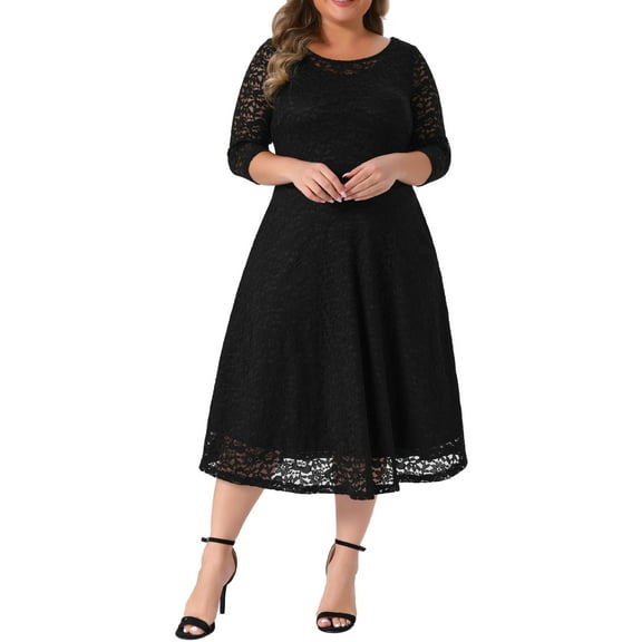 Agnes Orinda Women's Plus Size Valentines Day Dress Floral Lace Scooped Neckline 3/4 Sleeves with Pocket Knit Cocktail Party Dresses 2X Black