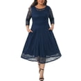 thumbnail image 1 of Agnes Orinda Women's Plus Size Formal Dress Floral Lace Scooped Neckline 3/4 Sleeves with Pocket Knit Cocktail Party Dresses 2X Navy Blue, 1 of 6