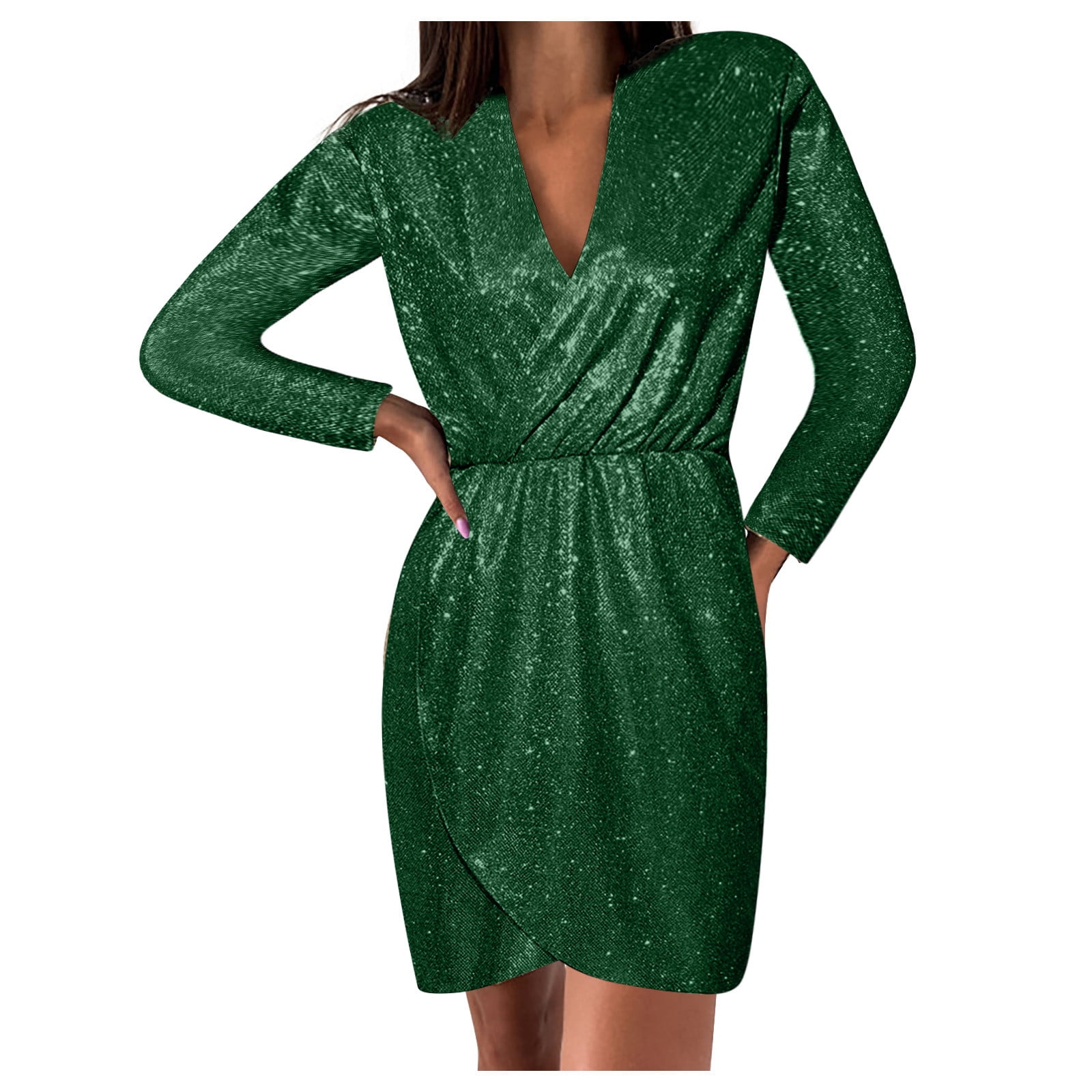 Plus Size Dress For Women Glitter Sparkly Wrap V Neck Long Sleeve Solid plus-size-dress-for-women-glitter-sparkly-wrap-v-neck-long-sleeve-solid