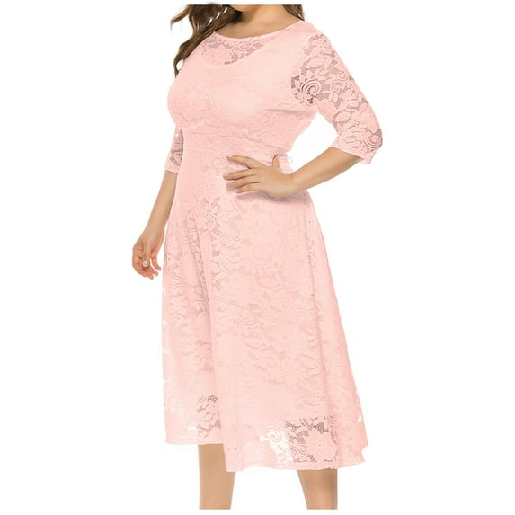 Plus Size Dress for Women Half Sleeve Floral Lace Midi Dress Cocktail Dresses for Women Wedding Guest with Pockets