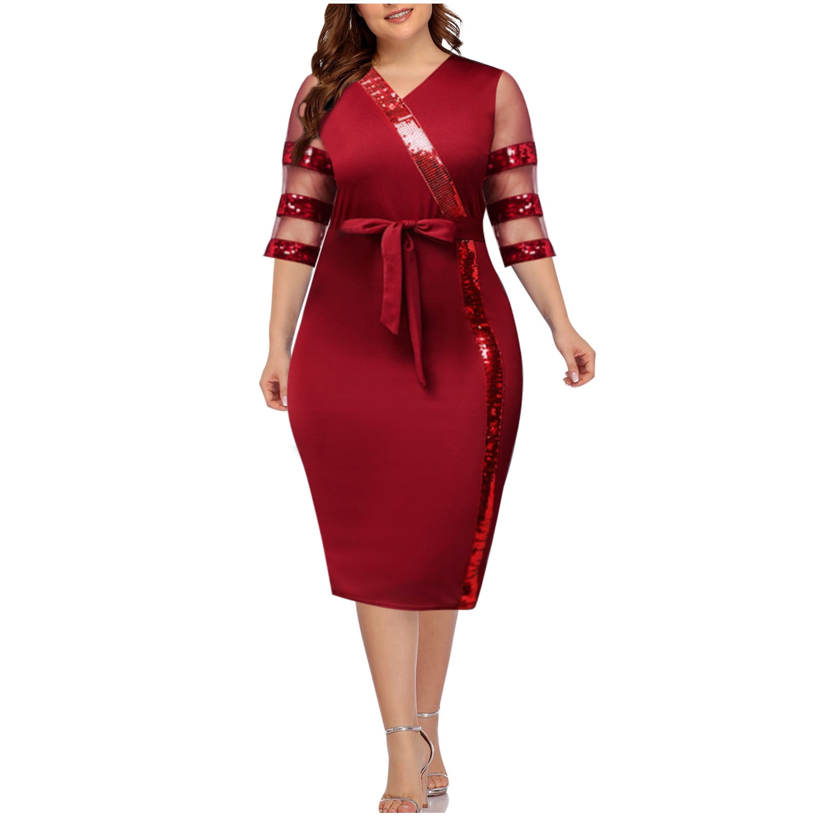Plus Size Dress for Women Mesh 3/4 Sleeve Scoop Neck Cocktail Dresses Slim  Fitted Elegant Wedding Guest Dresses - Walmart.com