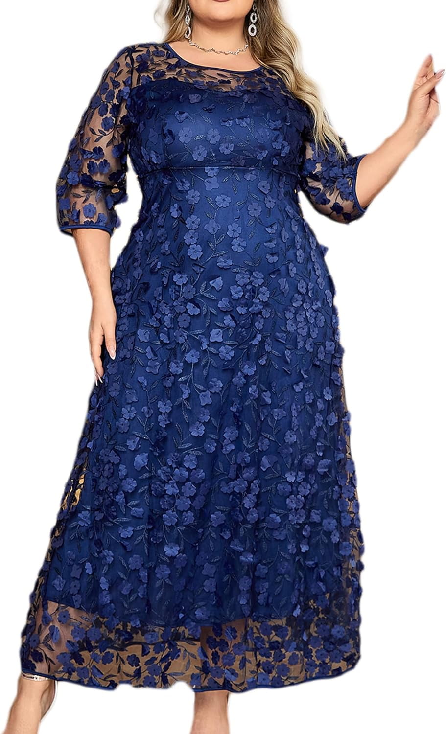 Plus Size Dress for Women, Mother of The Bride Navy Blue Mesh Stereo ...
