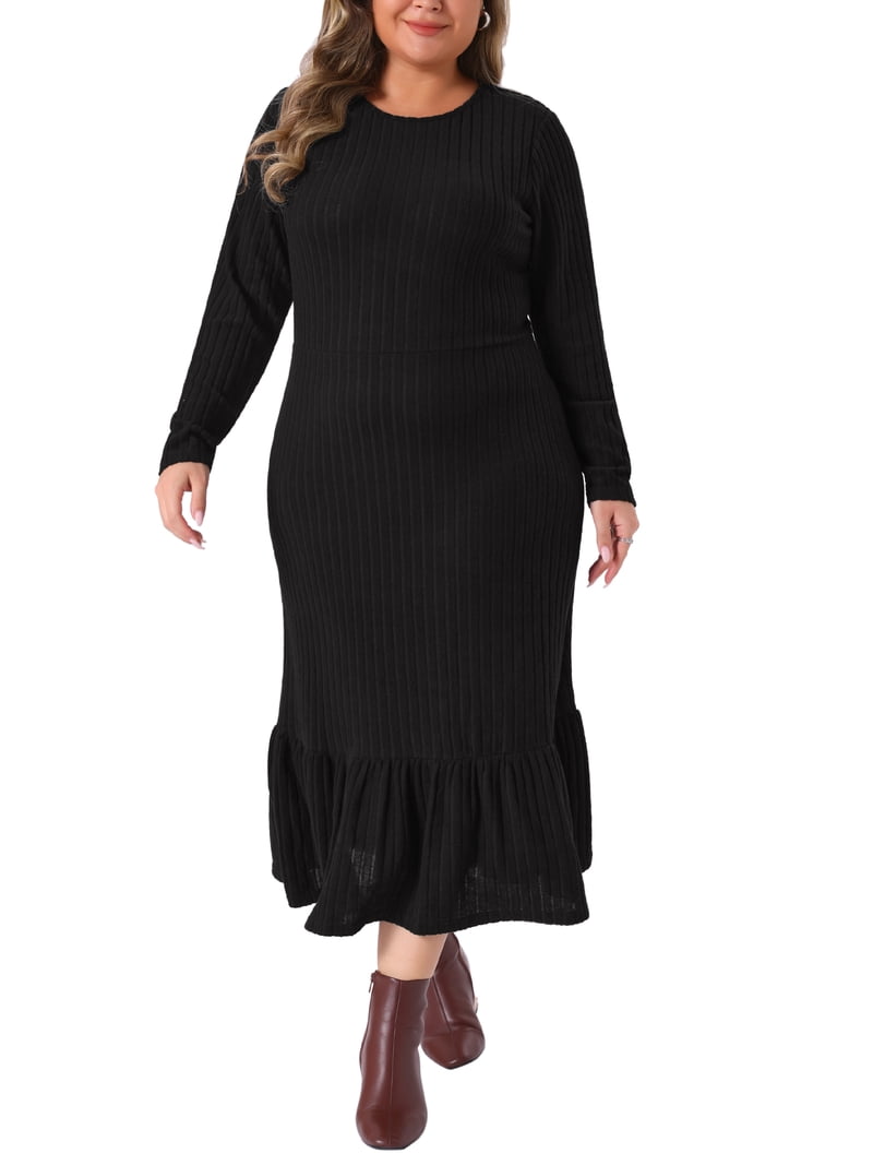 black plus size winter dress Agnes Orinda Women's Ribbed Knit Crew Neck Long Sleeve Ruffled Hem Casual Mixi Dresses 4X Purple Red 95%Rayon 5% Spandex Machine Araceli Lace-Up Strapless Short Homecoming SIZE:7-8y