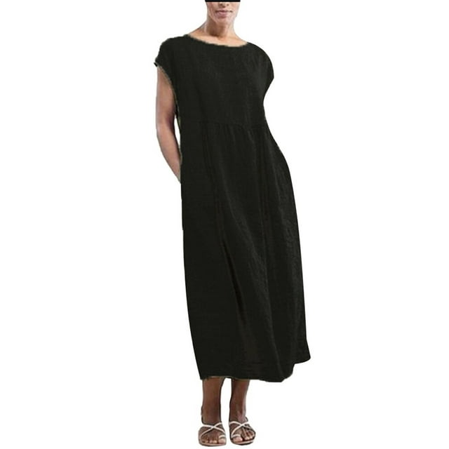 Plus Size Dress for Women Round Neck Cotton Linen Long Dress Solid ...