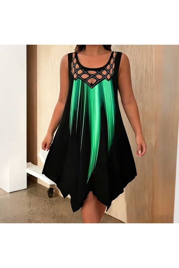 Plus Size Dress for Women Sleeveless Swing Dress A-Line Asymmetric Hem Watercolor Brushstroke Print Green, Size 3XL