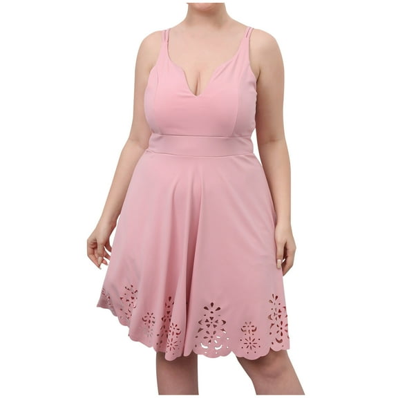 Plus Size Dress for Women Solid Sleeveless Spaghetti Straps Deep V Neck Pleated Swing Mini Dress Elegant Party Dress