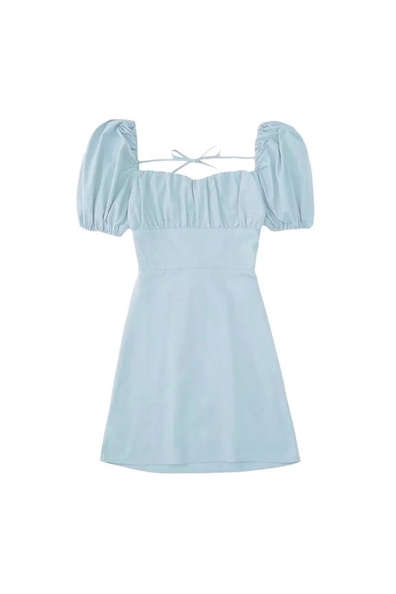 Plus Size Dress for Women Square Neck Bubble Sleeve Shrink Pleated Chest Strapless Doll Midi Dress Blue XXL