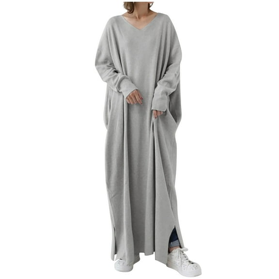 Plus Size Dress for Women V Neck Long Sleeve Split Maxi Long Dress Casual Loose Fall Spring Daily Vacation Dress