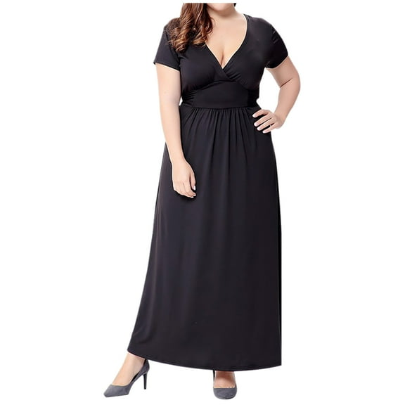 Plus Size Dress for Women V Neck Solid Color Short Sleeve Casual Dresses Tie Waist Loose Fit Swing Party Maxi Dress