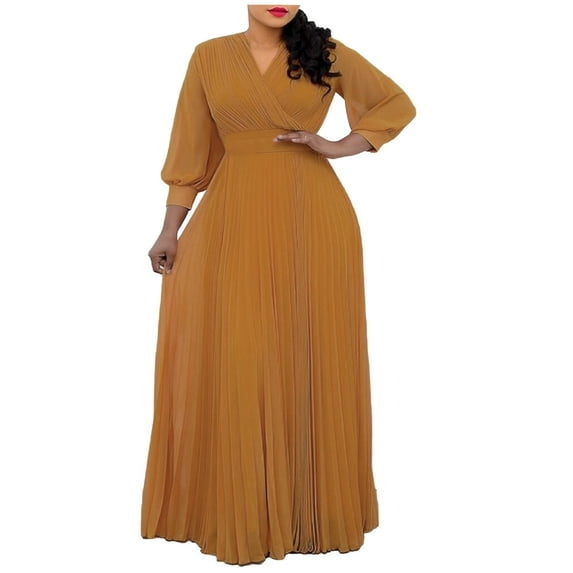 Plus Size Dress for Women Wrap V Neck Long Sleeve Fall Wedding Guest Dresses Pleated A Line Flowy Maxi Prom Dress