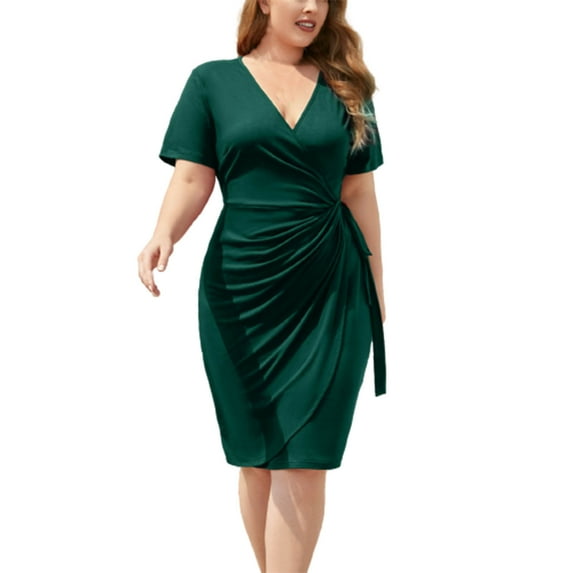 Plus Size Dress for Women Wrap V Neck Slim Fit Tie Waisted Midi Formal Dress Short Sleeve Ruched Cocktail Work Dress