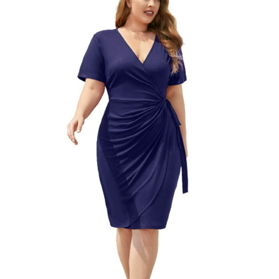 Plus Size Dress for Women Wrap V Neck Slim Fit Tie Waisted Midi Formal Dress Short Sleeve Ruched Cocktail Work Dress