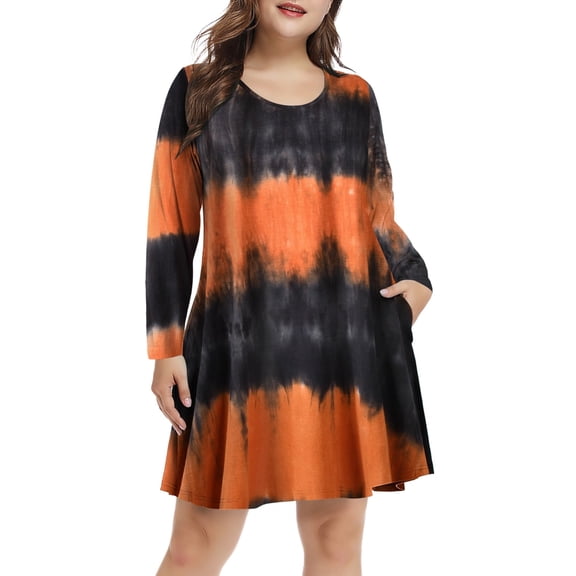 Plus Size Dresses 1X for Women, VEPKUL Crew Neck T Shirt Dress Long Sleeve Casual Loose Swing Fall Dress Tie Dye with Pockets