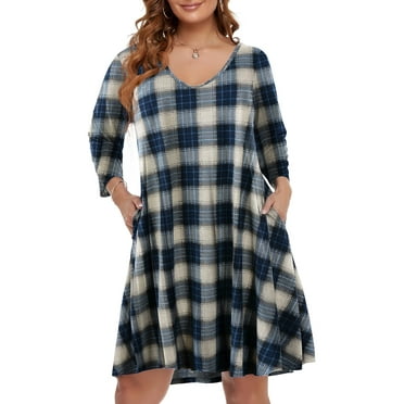 VEPKUL V Neck Plus Size Dresses 3/4 Sleeve Casual Loose Swing Fall Dress with Pockets Flower51_1X