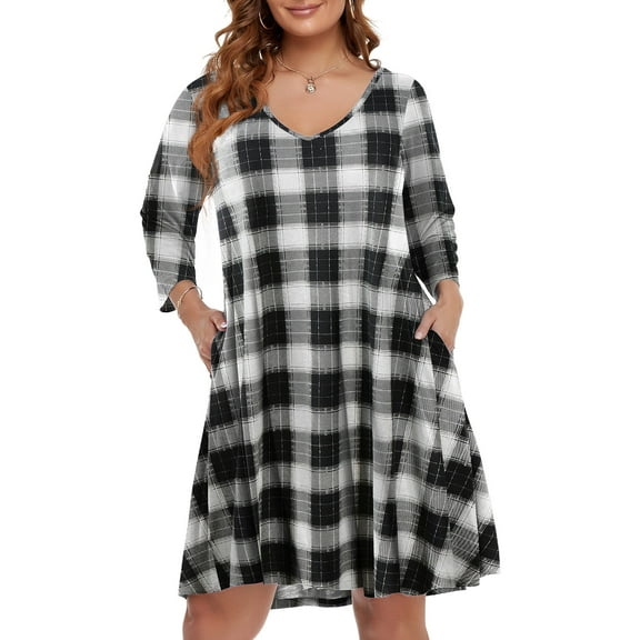 VEPKUL V Neck Plus Size Dresses 3/4 Sleeve Casual Loose Swing Fall Dress with Pockets 1024_WEM_Flower50_1X