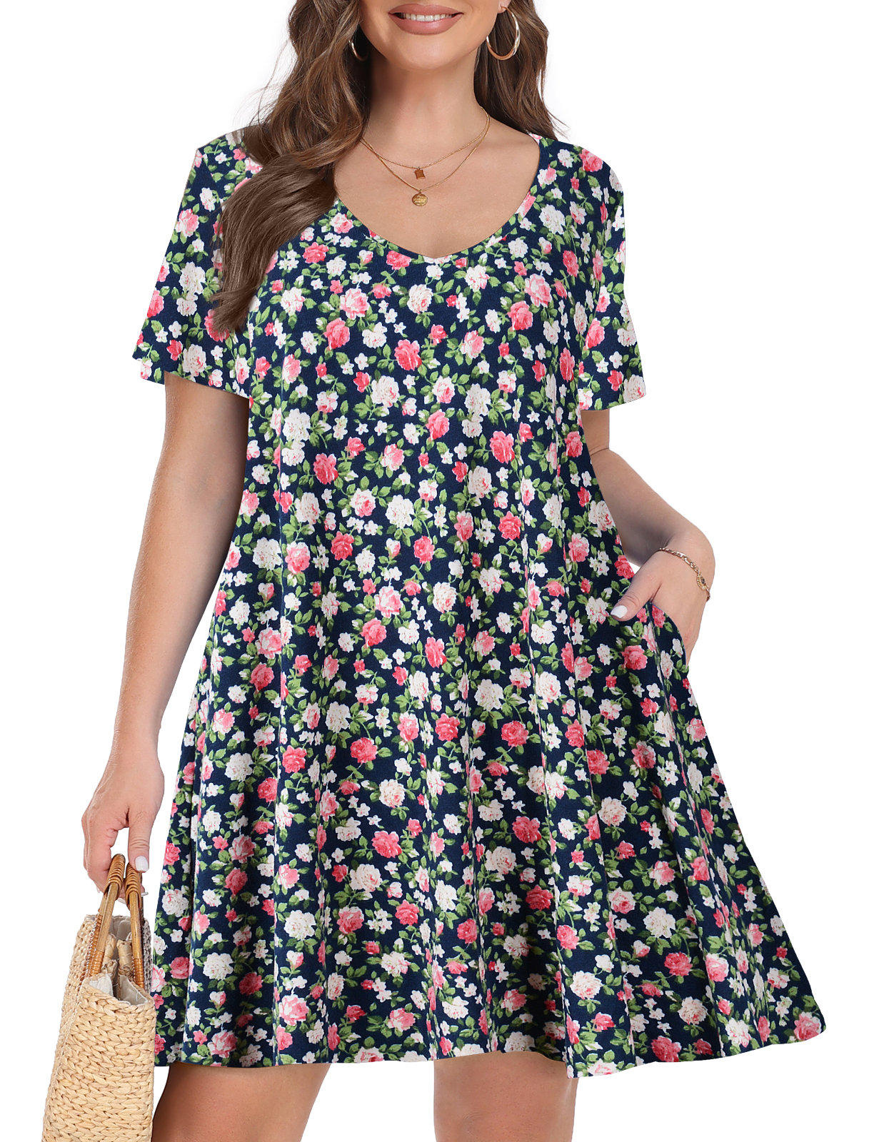 Plus Size Dresses 2X for Women, VEPKUL V Neck T Shirt Dress 2024 Short Sleeve Casual Loose Swing Summer Dress Floral Printed with Pockets - image 1 of 9