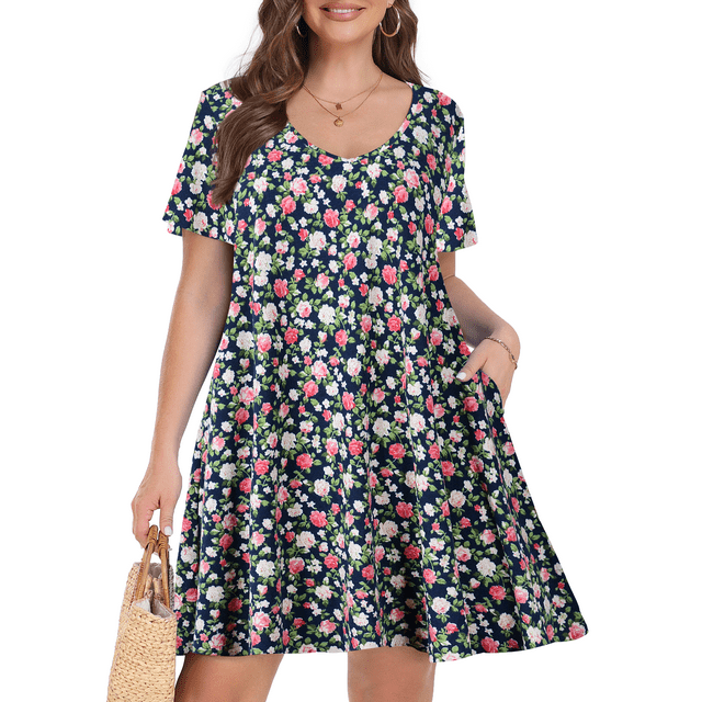 Plus Size Dresses 2X for Women, VEPKUL V Neck T Shirt Dress 2024 Short Sleeve Casual Loose Swing Summer Dress Floral Printed with Pockets
