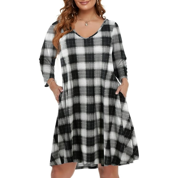 VEPKUL V Neck Plus Size Dresses 3/4 Sleeve Casual Loose Swing Fall Dress with Pockets Flower50_2X