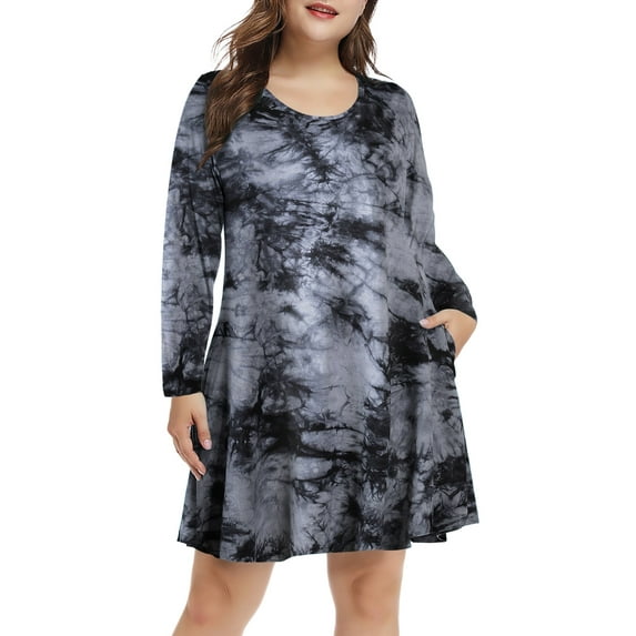 Plus Size Dresses 3X for Women, VEPKUL Crew Neck T Shirt Dress Long Sleeve Casual Loose Swing Fall Dress Tie Dye with Pockets