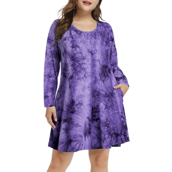 Plus Size Dresses 3X for Women, VEPKUL Crew Neck T Shirt Dress Long Sleeve Casual Loose Swing Fall Dress Tie Dye with Pockets