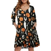 Plus Size Halloween Dresses 3X for Women, VEPKUL V Neck T Shirt Dress 3/4 Sleeve Casual Loose Swing Fall Dress with Pockets