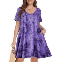 Plus Size Dresses 3X for Women, VEPKUL V Neck T Shirt Dress 2024 Short Sleeve Casual Loose Swing Summer Dress Tie Dye Printed with Pockets