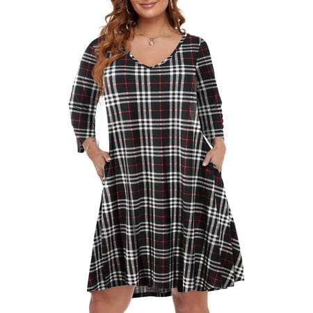 VEPKUL V Neck Plus Size Dresses 3/4 Sleeve Casual Loose Swing Fall Dress with Pockets Flower49_3X