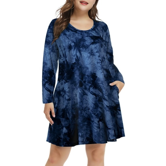 Plus Size Dresses 4X for Women, VEPKUL Crew Neck T Shirt Dress Long Sleeve Casual Loose Swing Fall Dress Tie Dye with Pockets