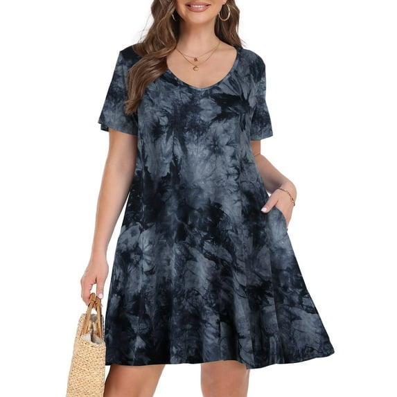 VEPKUL V Neck Short Sleeve Casual Swing T Shirt Dress with Pockets Plus Size Dresses for Women T10-Black_4X