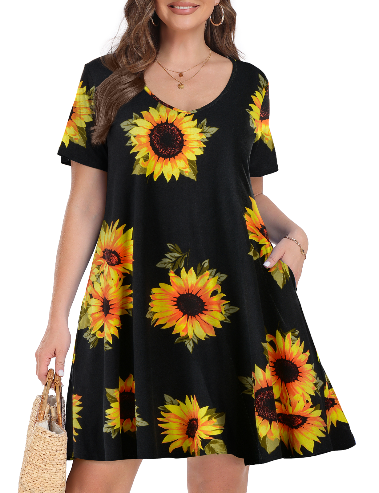 Plus Size Dresses 5X for Women, VEPKUL V Neck T Shirt Dress 2024 Short Sleeve Casual Loose Swing Summer Dress Floral Printed with Pockets - image 1 of 9