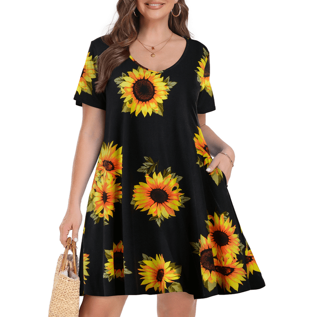 Plus Size Dresses 5X for Women, VEPKUL V Neck T Shirt Dress 2024 Short Sleeve Casual Loose Swing Summer Dress Floral Printed with Pockets