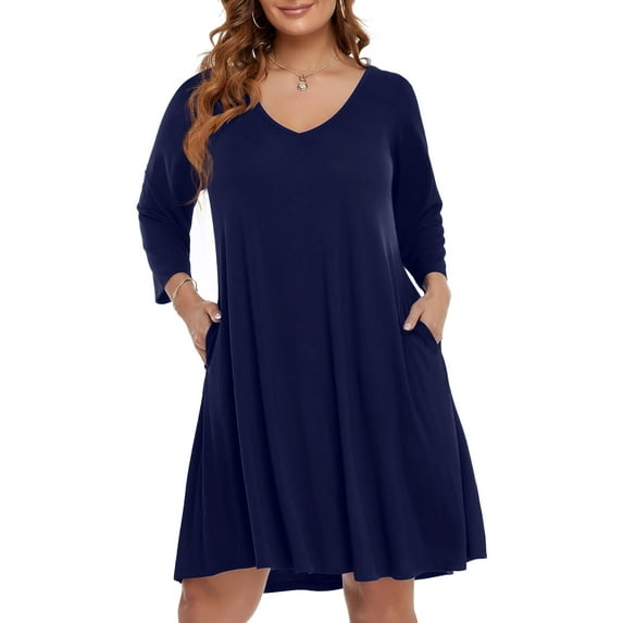 VEPKUL V Neck Plus Size Dresses 3/4 Sleeve Casual Loose Swing Fall Dress with Pockets NavyBlue_5X
