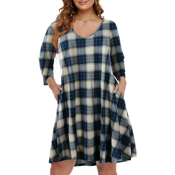 VEPKUL V Neck Plus Size Dresses 3/4 Sleeve Casual Loose Swing Fall Dress with Pockets Flower51_5X