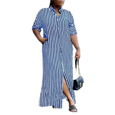 Plus Size Dresses Blue Colour Striped Shirt Collar Shirt Elbow-Length Casual