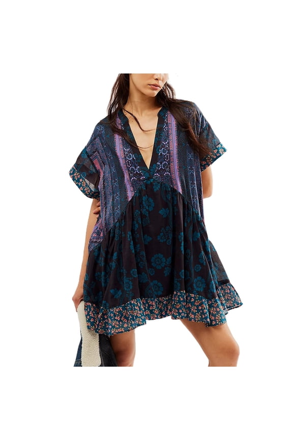 Plus Size Dresses Boho Flowy Ruffle Mini Deep V Neck Casual Floral Prints Maxi Dress Navy S