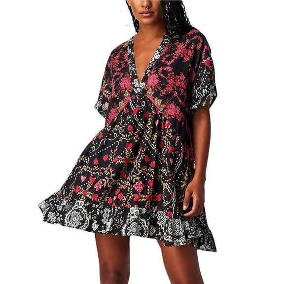 Plus Size Dresses Boho Flowy Ruffle Mini Deep V Neck Casual Floral Prints Sundress Black M