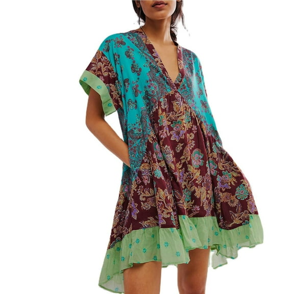 Plus Size Dresses Boho Flowy Ruffle Mini Deep V Neck Casual Floral Prints Sundress Green M